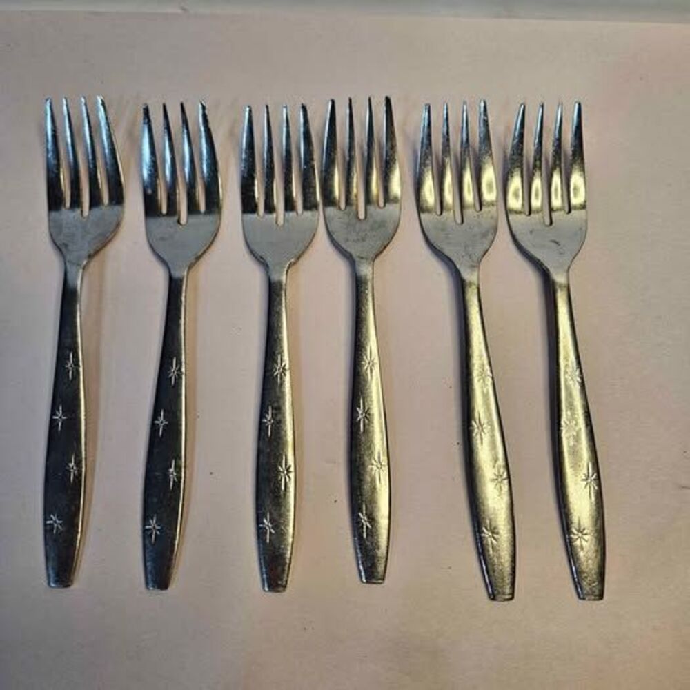 Vintage Starburst Pattern Stainless Steel Forks - Set of 6